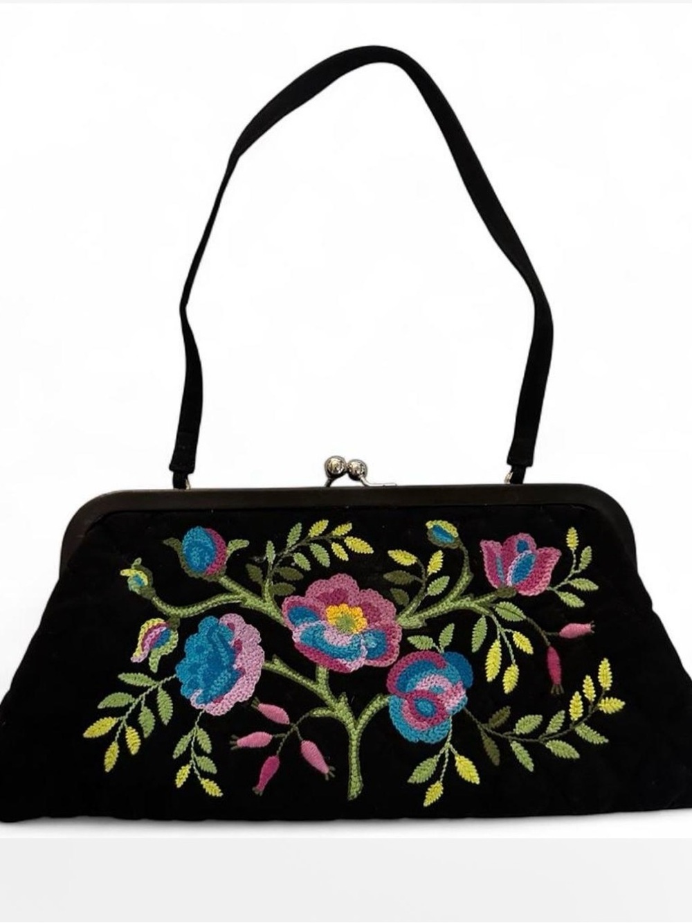 Vera Bradley Black Quilted Embroidered Floral Kiss-Lock Bag